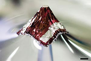 Die hauchdünne, wenige Millimeter große Solarzellenfolie, aufgebracht auf einem elastischen und deformierten Untergrund. Die hauchdünne, wenige Millimeter große Solarzellenfolie, aufgebracht auf einem elastischen und deformierten Untergrund.