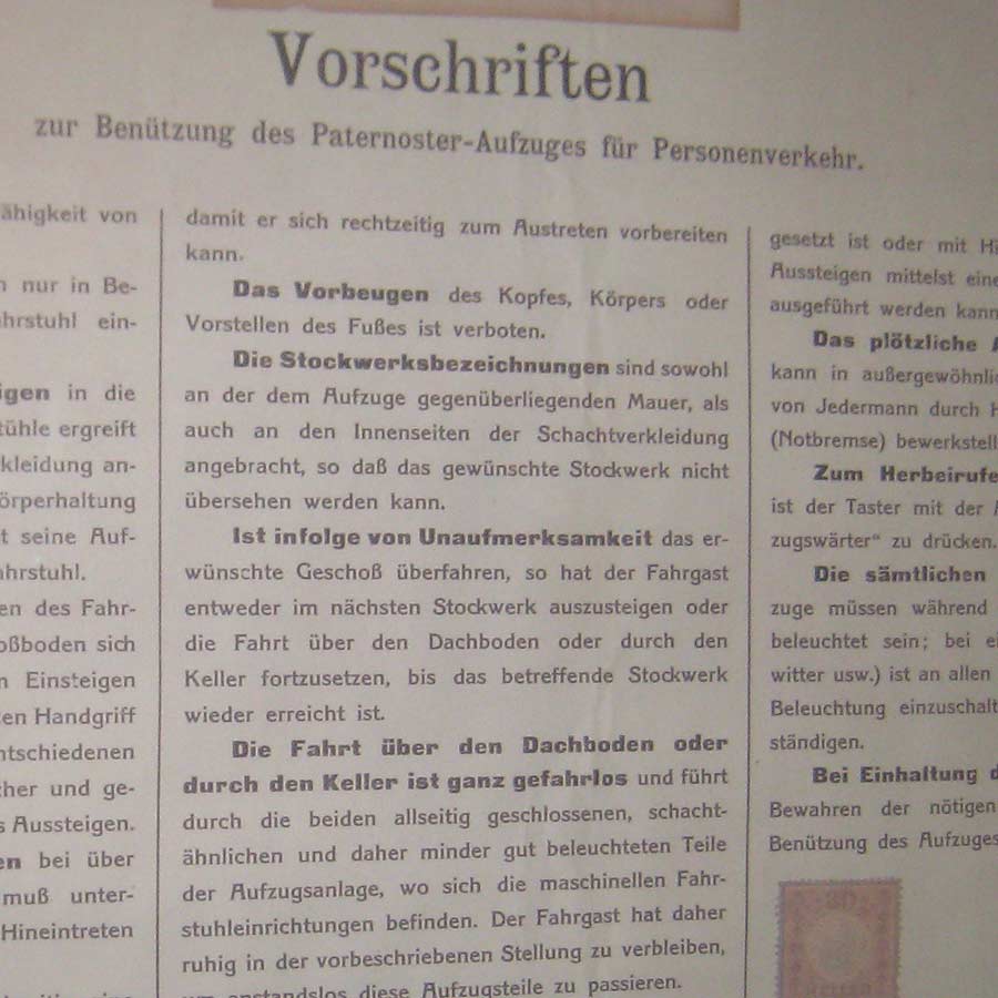 Vorschriften 1911: "Die Fahrt über den Dachboden oder durch den Keller ist ganz gefahrlos."
