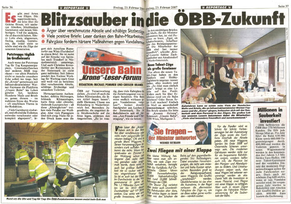 "Blitzsauber in die ÖBB-Zukunft" und "Sie fragen - der Minister antwortet": Zweiseitige "Medienkooperation" in der "Kronen Zeitung".