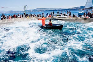 Mattanza in Carloforte auf San Pietro vor Sardinien: Wenn die Fischer die Netze zusammenziehen und die Thunfische an die Oberfläche gedrängt werden, scheint das Meer zu kochen. Mattanza in Carloforte auf San Pietro vor Sardinien: Wenn die Fischer die Netze zusammenziehen und die Thunfische an die Oberfläche gedrängt werden, scheint das Meer zu kochen.