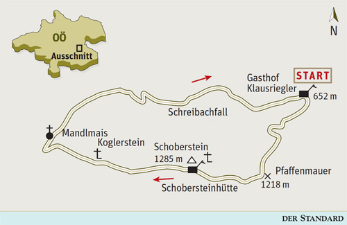 Gesamtgehzeit 3½ bis 3¾ Stunden, Höhendifferenz 700 Meter. Schobersteinhaus ganzjährig bewirtschaftet (Montag und Dienstag - außer Feiertag - geschlossen). ÖK25V Blatt 4201-Ost (Molln), Maßstab 1:25.000; Nationalpark Kalkalpen Wanderkarte Sengsengebirge, Maßstab 1:35.000