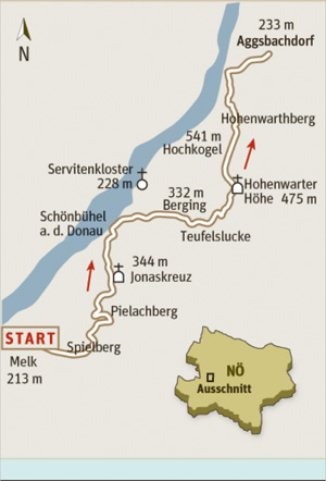 Gesamtgehzeit sechs Stunden, Höhendifferenz 600  Meter. Gasthäuser in Schönbühel. Wanderkarte Wachau, Maßstab 1:35.000; eventuell ÖK25V Blatt 4323-West (Melk), Maßstab 1:25.000. 