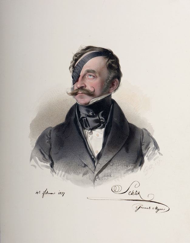 Graf Franz Heinrich Schlick zu Bassano (6000-8000 Euro), der in der Völkerschlacht bei Leipzig sein rechtes Auge verlor und zu den populärsten Soldaten der kaiserlichen Armee gehörte: porträtiert von Franz Eybl (14. Februar 1837).