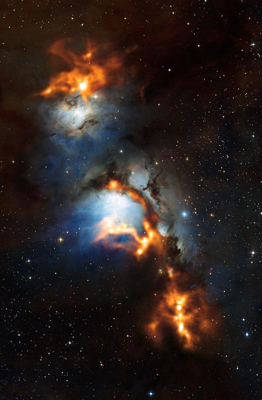 Die ESO-Aufnahme zeigt M 78 in der Bildmitte. Am oberen Bildrand befindet sich noch ein weiterer Reflexionsnebel, NGC 2071, mit einem massereichen jungen Stern.