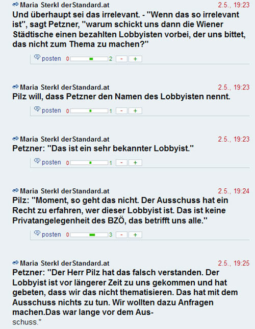 Fast nebenbei beginnt Stefan Petzner gegen Ende der Sitzung des Untersuchungsausschusses, von seinem Erlebnis mit dem ominösen Lobbyisten zu erzählen - hier ein Auszug des Liveberichts vom 2. Mai