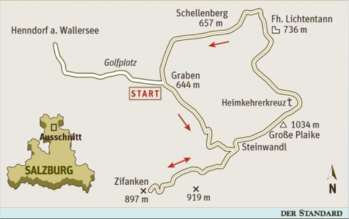 Gesamtgehzeit 4¼ Stunden,  Höhendifferenz 600 Meter. Kein Stützpunkt auf der Runde. ÖK25V Blatt 3204-Ost (Straßwalchen), Maßstab 1:25.000.  