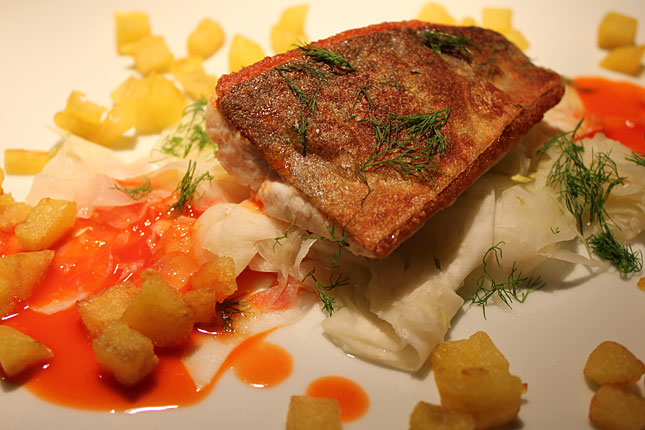 Der Hauptgang: Saiblingsfilet auf Fenchelkraut mit Erdäpfelwürfeln und Spitzpaprikasud.