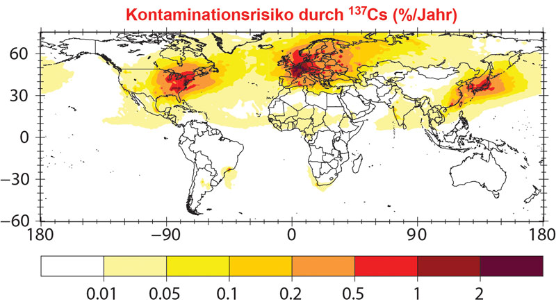 Weltweite Wahrscheinlichkeit einer radioaktiven Kontamination: Die Karte gibt in Prozent an, wie hoch die jährliche Wahrscheinlichkeit einer radioaktiven Verseuchung von über 40 Kilobecquerel pro Quadratmeter ist. In Westeuropa liegt sie bei etwa zwei Prozent in einem Jahr.