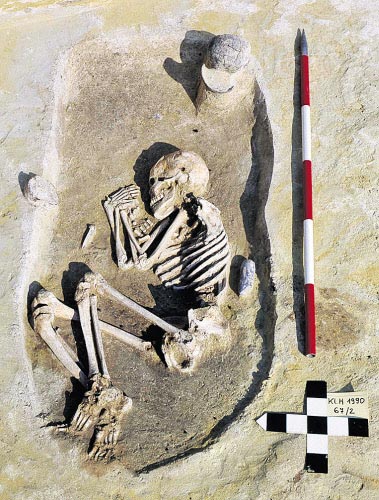 Ein 7.000 Jahre altes Ehrengrab eines mächtigen "österreichischen" Bauern: Als
Zeichen für seinen besonderen Status wurde ihm eine Axt (im Rücken) mit zur
letzten Ruhe gelegt. Ein 7.000 Jahre altes Ehrengrab eines mächtigen "österreichischen" Bauern: Als
Zeichen für seinen besonderen Status wurde ihm eine Axt (im Rücken) mit zur
letzten Ruhe gelegt.