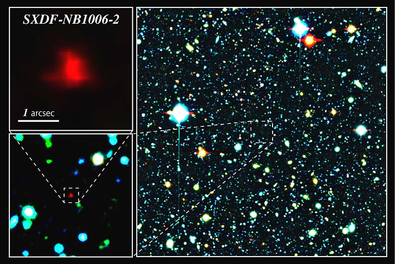 Mit  SXDF-NB1006-2 wurde die bisher fernste Galaxie am 
Nachthimmel aufgespürt. Rechts sind die eingefärbten Kombinations-Beobachtungen des Subaru-Teleskops zu sehen. In der Bildmitte befindet sich die fernste Galaxie (rot). Links unten ist ein Ausschnitt der rechten Bildmitte vergrößert, links oben ist die Galaxie weiter vergrößert zu sehen.