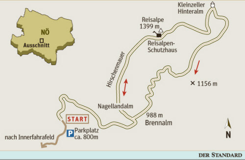 Gesamtgehzeit 3¾ bzw. 5¼ Stunden,  Höhendifferenz 600 bzw. 700 m. Reisalpen-Schutzhaus
 (in der Saison täglich außer Dienstag offen). ÖK25V Blatt 4205-Ost (St.
 Aegyd am Neuwalde), Maßstab 1:25.000; Freytag &amp; Berndt Atlas Wiener
 Hausberge, Maßstab 1:50.000.  