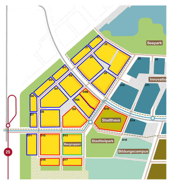 "Seestadt Aspern", 1. Bauetappe im "Entwicklungsgebiet Südwest": Die blau umrandeten Bauplätze betreffen die Projekte aus der "Wohnbauinitiative", die schon im April bekanntgegeben wurden. Rot markiert sind die Bauplätze, die vom geförderten Wohnbau "bespielt" werden, auf dem grün umrandeten Bauplatz D13 bauen die Baugruppen.