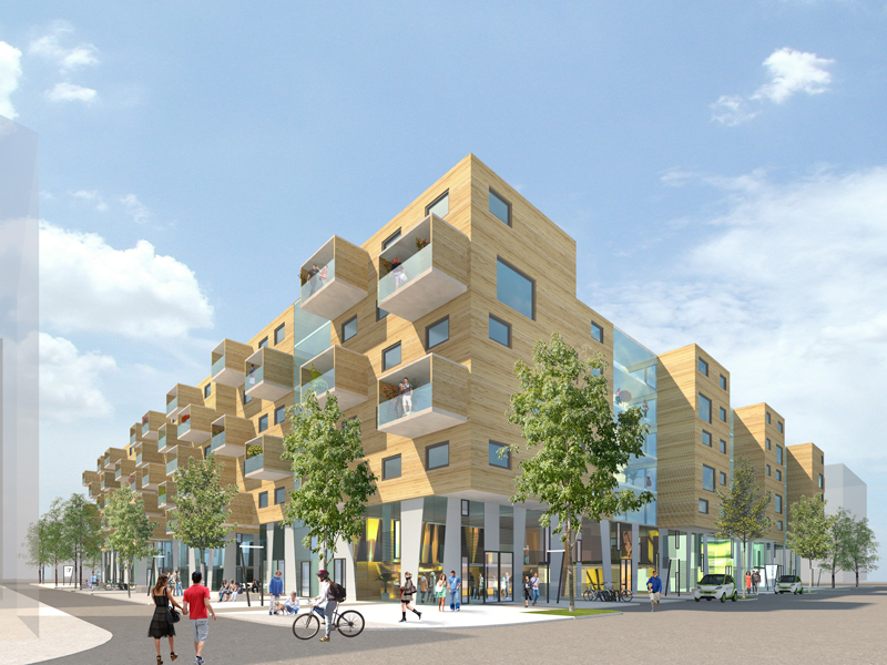 Projekt der EBG auf Bauplatz D12: Drei Gebäudezeilen, die als Holzriegelkonstruktion auf Stahlbeton mit Holzfassade ausgeführt werden. Hier sind 1- bis 5-Zimmer-Wohnungen verfügbar, die Stadt Wien hat außerdem die Möglichkeit von zumietbaren Räumen, etwa zum Arbeiten oder für Gäste, vorgeschrieben. 