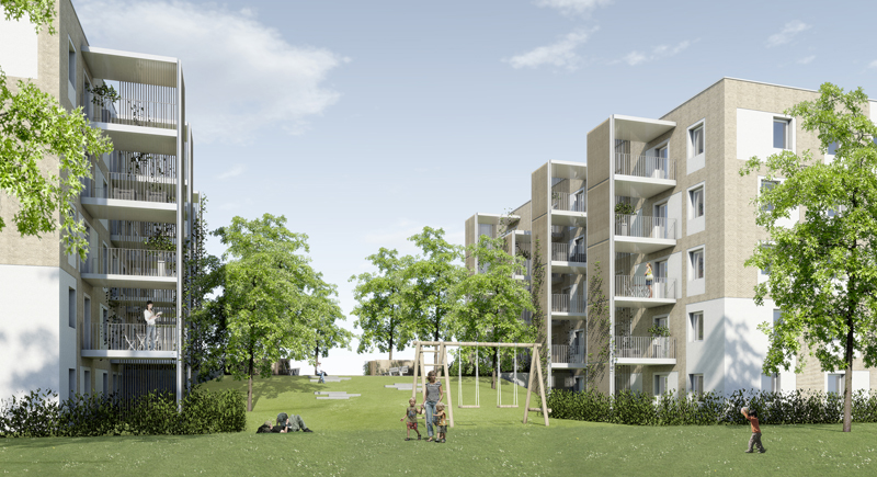 Das Projekt von Arwag und Migra auf den Baufeldern D16 und D17 sieht vier ost-west-orientierte Punkthäuser vor. Hier wird es 2- bis 5-Zimmer-Wohnungen mit flexiblen Grundrissen mit selbstorganisierten Gemeinschaftsflächen geben.