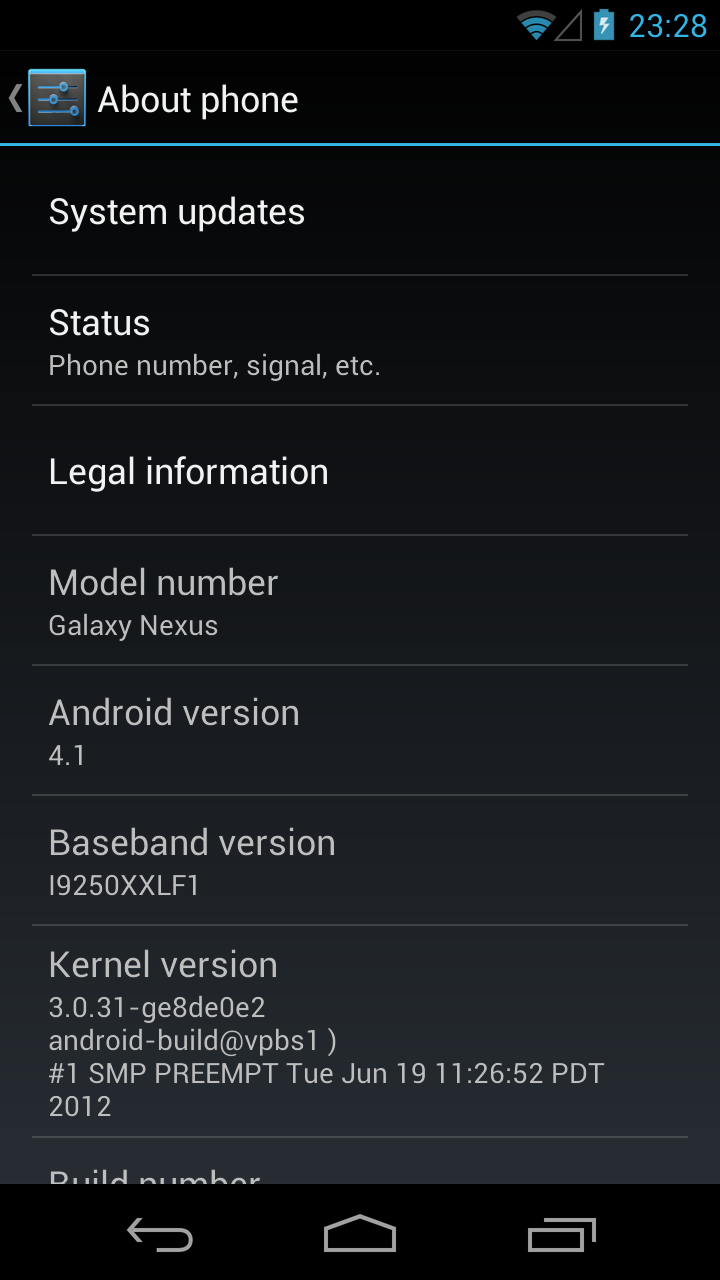 Die derzeit aktuelle Vorversion von Android 4.1 auf einem Galaxy Nexus.