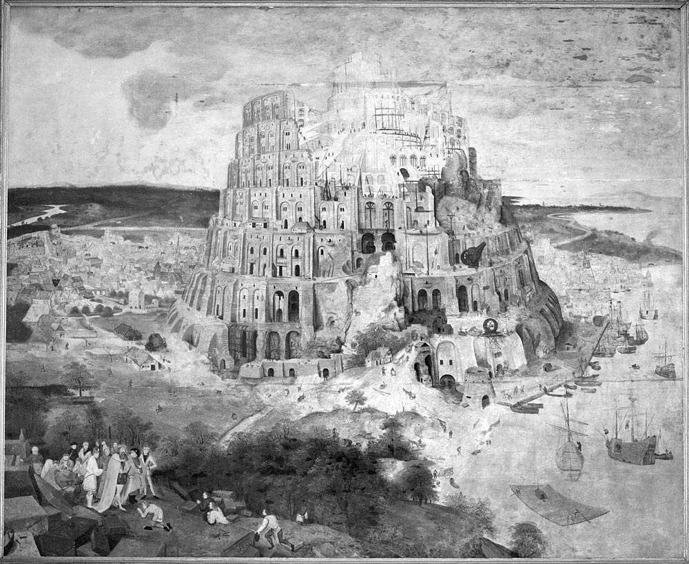 Infrarot-Reflektographie von Pieter Brueghel d. J. "Turmbau zu Babel": Unter der Malschicht verbergen sich überraschend detailreiche Vorzeichnungen.