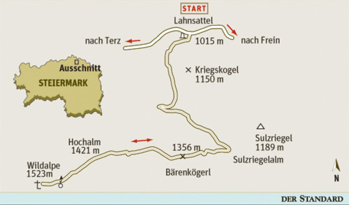 Gesamtgehzeit 4½ Stunden. Höhendifferenz 600 Meter. Wildalm-Hütte auf der Sulzriegelalm (während der Almsaison bewirtschaftet). ÖK25V Blatt 4211-West (Veitsch),  Maßstab 1:25.000  