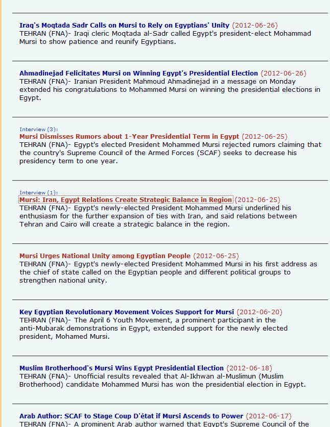 Screenshot des Ergebnisses einer Suche nach "Mursi" auf english.farsnews.com: Der mittlere Teil des Interviews fehlt.