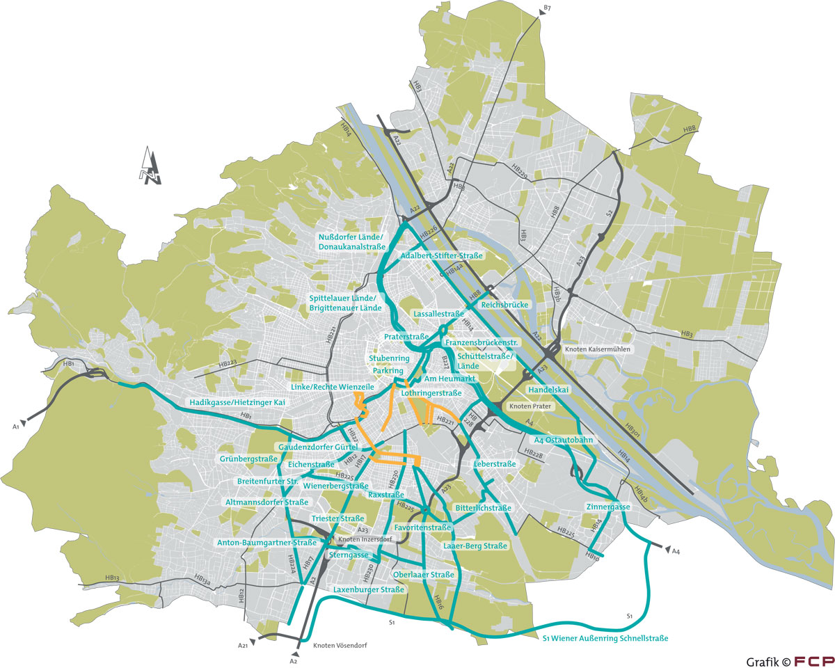 Baustellenfreiheit: Welche Verkehrsachsen den Sommer über in Wien ohne Behinderung bleiben sollten, ist in dieser Grafik eingezeichnet. Die PDF-Version finden Sie hier.