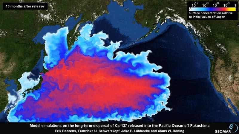 Simulierte Ausdehnung des radioaktiv verseuchten Meerwassers im Sommer 2012, 16 Monate nach der Reaktorkatastrophe. Die Farben illustrieren die Verdünnung relativ zur ursprünglichen Ausgangskonzentration in den japanischen Küstengewässern: die höchsten Werte (rot gefärbt) betragen noch etwa ein Tausendstel der Werte im April 2011.