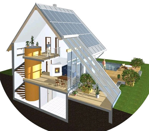 Das "Sonnenhaus" benötigt einen großen Wassertank, der mit Solarenergie beheizt wird und selbst wochenlang als Wärmespeicher dienen kann. Details dazu finden sich im Baureport (PDF) der Firma Leitl.