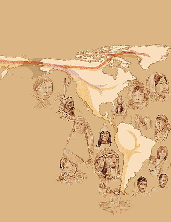Die ersten Amerikaner kamen vor mehr als 15.000 Jahren über die damals 
zugefrorene Beringstraße nach Nordamerika (gelb). Weitere zwei 
Einwanderungswellen folgten.