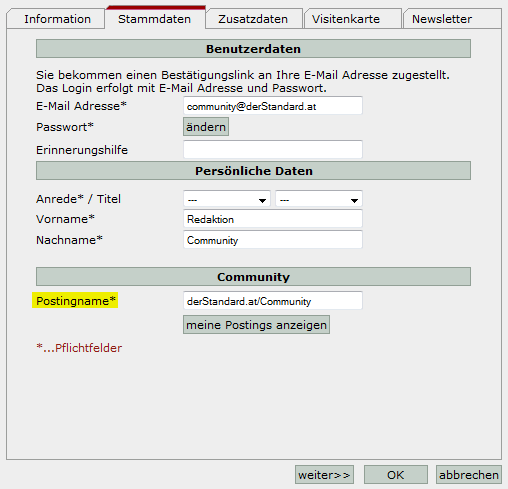 In den Stammdaten können Sie Ihren Postingnamen überprüfen und festlegen.