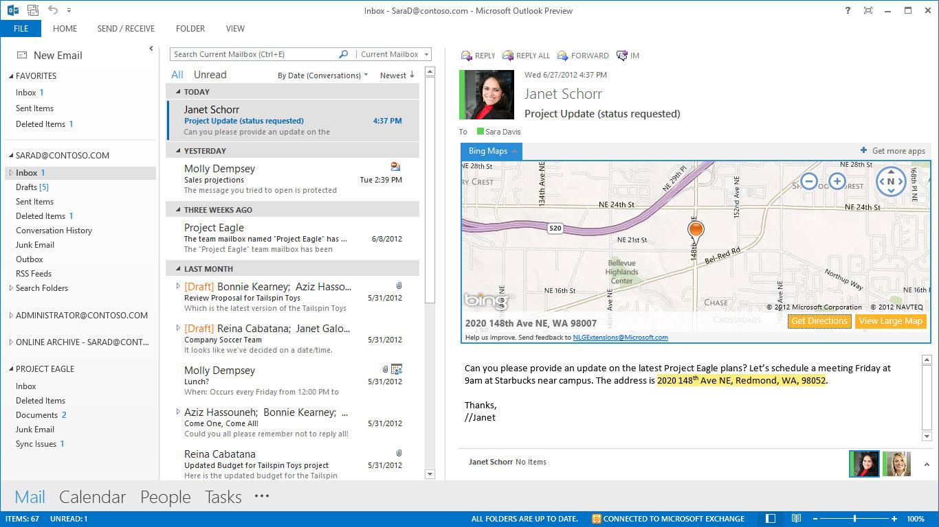 Ein Screenshot von Outlook, mit einer Bing Maps App-Integration