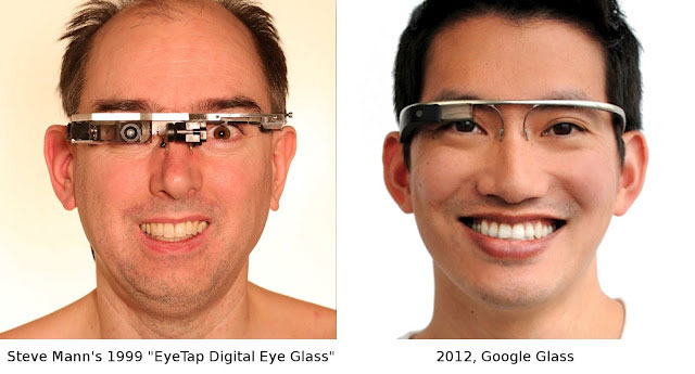 Links: US-Forscher Steve Mann mit seiner Datenbrille. Rechts: Google Glasses. 