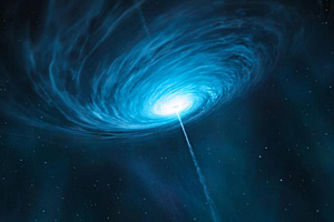 ESO-Illustration des Quasars 3C 279 und des aus ihm hervorschießenden Jets. ESO-Illustration des Quasars 3C 279 und des aus ihm hervorschießenden Jets.