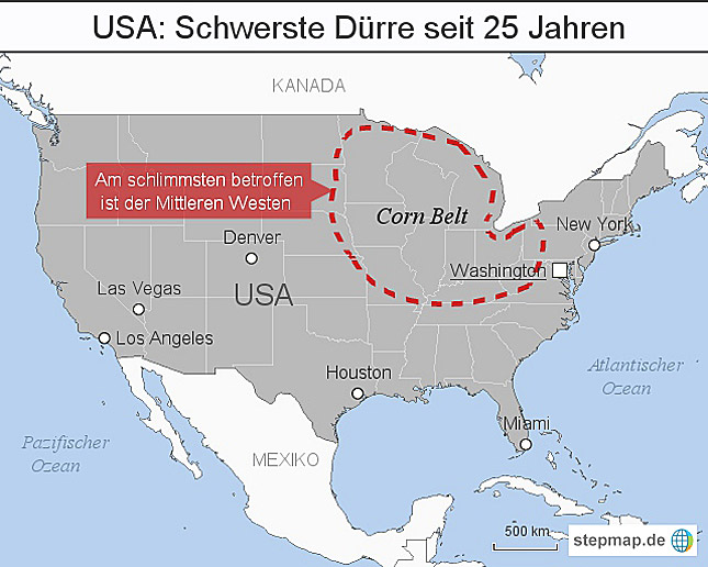 Vor allem der "Corn Belt" mit den Bundesstaaten Illinois, Indiana, Iowa, Nebraska und Minnesota ist von der Dürre betroffen.