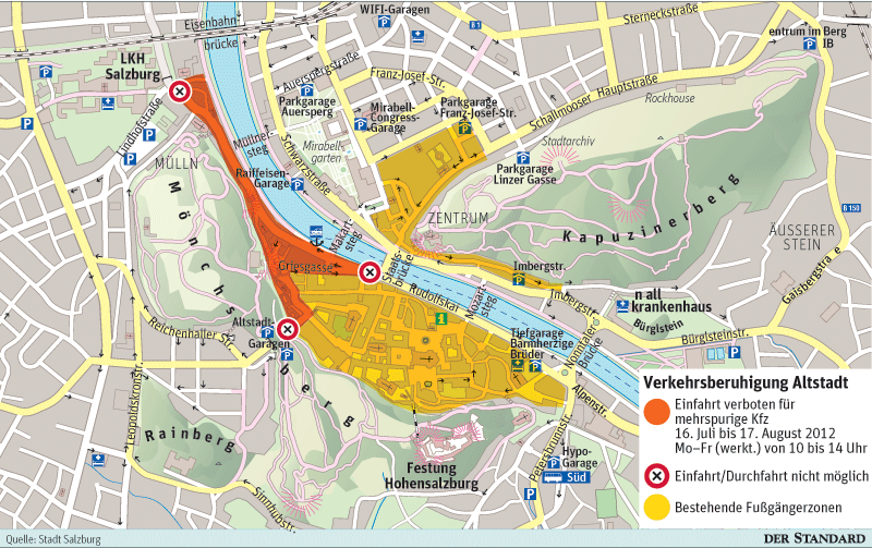 Zwischen 16. Juli und 17. August sind werktags zwischen 10 und 14 Uhr Teile der Innenstadt für mehrspurige Fahrzeuge gesperrt.