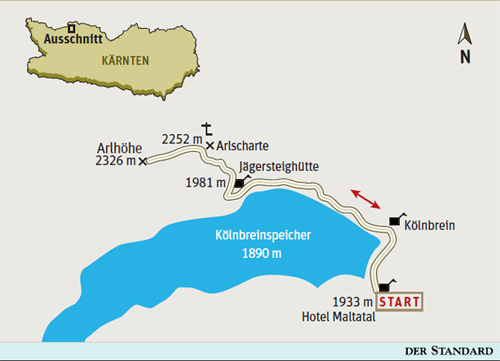 Gesamtgehzeit 4¾ Stunden. Höhendifferenz 500 Meter. Die Jägersteighütte wird während der  Saison bewirtschaftet. ÖK25V Blatt 3228-Ost (Hochalmspitze), Maßstab 1:25.000