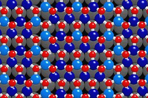 Illustration einer magnetischen Kobaltoxidschicht (Kobalt: blau, Sauerstoff: rot) auf Iridium (grau). Die verschiedenen Blautöne zeigen die unterschiedliche Orientierung der magnetischen Momente. Illustration einer magnetischen Kobaltoxidschicht (Kobalt: blau, Sauerstoff: rot) auf Iridium (grau). Die verschiedenen Blautöne zeigen die unterschiedliche Orientierung der magnetischen Momente.