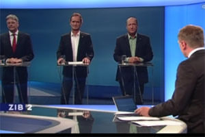 V.l.n.r: Peter Kaiser (SPÖ), Gabriel Obernosterer (ÖVP) und Rolf Holub (Grüne) bei Armin Wolf. V.l.n.r: Peter Kaiser (SPÖ), Gabriel Obernosterer (ÖVP) und Rolf Holub (Grüne) bei Armin Wolf.