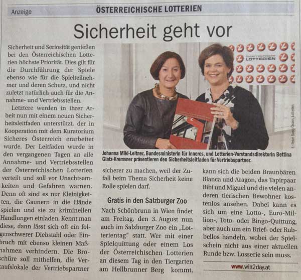 Mikl-Leitner in einem Inserat der Österreichischen Lotterien.