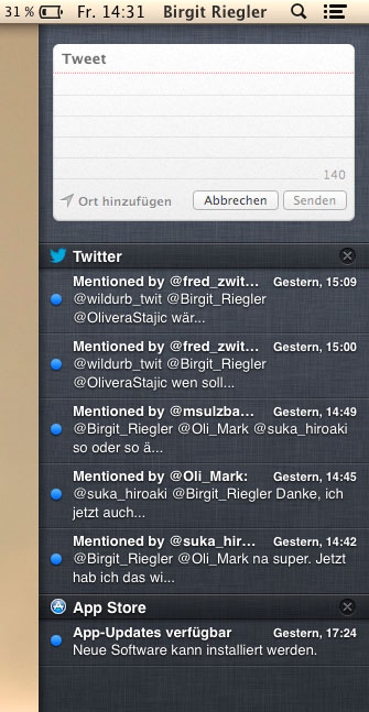 Wie unter iOS gibt es nun auch am Mac eine Mitteilungszentrale, aus der man auch Tweets absetzen kann. 