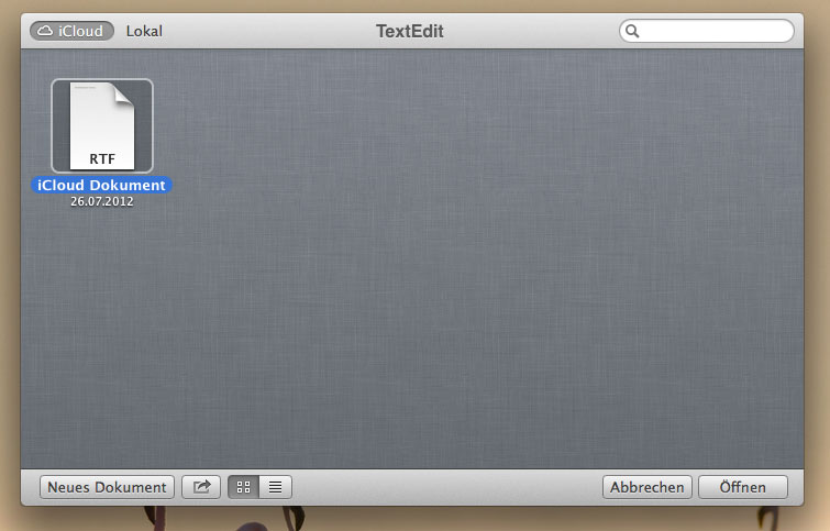 Beim Start eine Anwendung mit iCloud-Dokumenten-Integration sieht man eine Übersicht der in iCloud oder lokal gespeicherten Dateien. 
