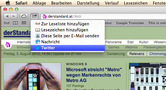 Im Sharing-Menü können Inhalte aus mehrere Mountain-Lion-Apps heraus geteilt werden. 