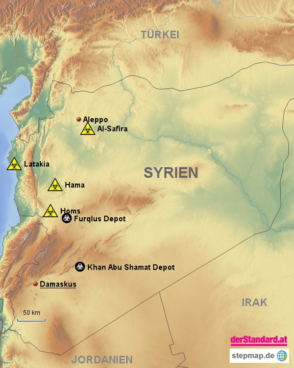 Die Karte zeigt mutmaßliche Produktionsstätten (gelb) und Depots (schwarz) von chemischen Waffen in Syrien. (Quelle: James Martin Center for Nonproliferation Studies)