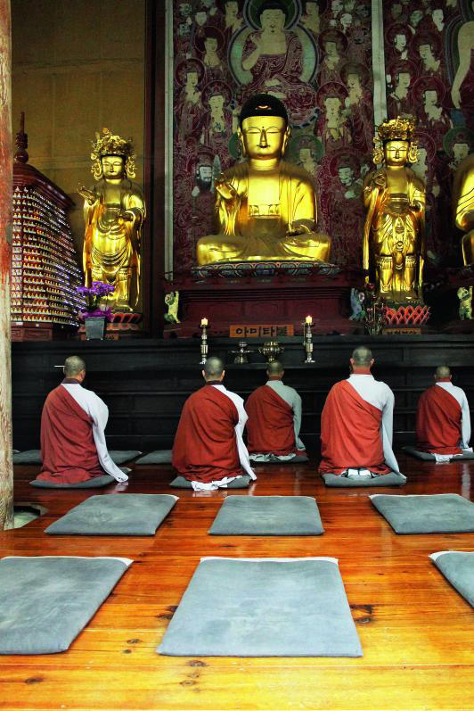 Knien, Stehen und Lotossitz: Das Morgengebet um drei Uhr bringt ungeübte Möchtegern-Buddhisten ins Schwitzen.
