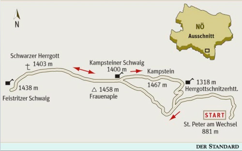 Gesamtgehzeit 5¾ bzw. 3¾ Stunden, Höhendifferenz 650 bzw. 500 m. Kampsteiner
 Schwaig-Hütte (bis Ende  Oktober bei Schönwetter zwischen 9  und 16 Uhr
 offen); Feistritzer Schwaig (während der Almsaison offen); 
Franz-Kaupe-Hütte (bis Ende Oktober offen, Dienstag Ruhetag). ÖK25V
 Blatt 4218-Ost (Vorau) und  5213-West (Aspang Markt), Maßstab 1:25.000;
 Freytag &amp; Berndt Atlas  Wiener Hausberge, Maßstab 1:50.000 