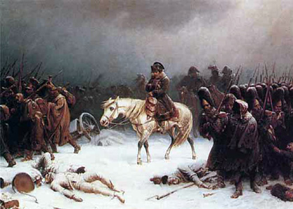 Der geschlagene Napoleon mit seiner demoralisierten Truppe auf dem Rückzug von Moskau (Gemälde von Adolf Northern, 1828-1876). Der geschlagene Napoleon mit seiner demoralisierten Truppe auf dem Rückzug von Moskau (Gemälde von Adolf Northern, 1828-1876).
