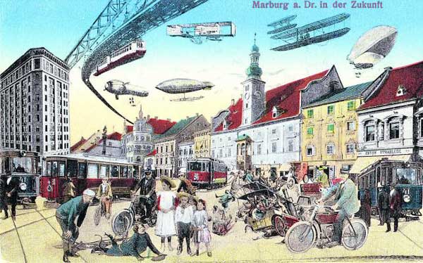 Die Ansichtskarte von 1914 zeigt eine Zukunftsvision von Maribor/Marburg an der Drau in einer Phase der Aufbruchstimmung. Schwebebahn und Tram blieben nur Träume.