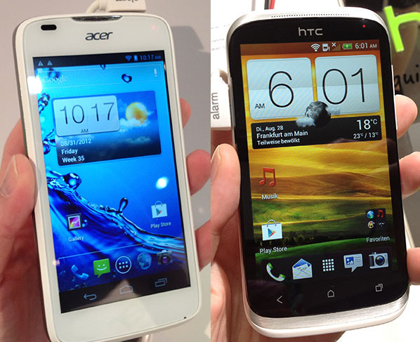 Acer und HTC haben auf der IFA zwei Mitteklasse-Smartphones mit Android 4.0 vorgestellt - das Acer Liquid Gallant (links) und das HTC Desire X.