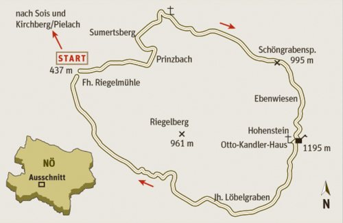 Gesamtgehzeit 5½ Stunden,  Höhendifferenz 800 m. Otto-Kandler-Haus bis 
28. Oktober an Samstagen, Sonn- und Feiertagen bis 16 Uhr 
bewirtschaftet. ÖK25V Blatt 4205-West (Türnitz),  Maßstab 1:25.000; 
Freytag &amp; Berndt Atlas Wiener Hausberge, Maßstab 1:50.000. 