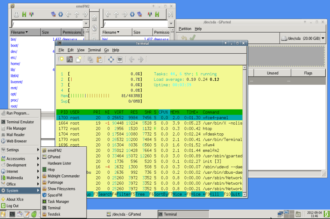 Die SystemRescueCd 3.0 mit grafischer Xfce-Oberfläche und einigen Tools