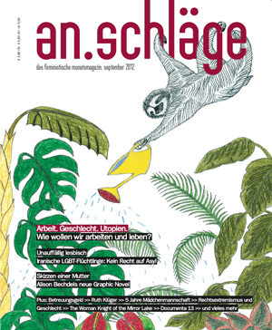 Ein Faultier beim Gärtnern ziert das September-Cover der an.schläge.