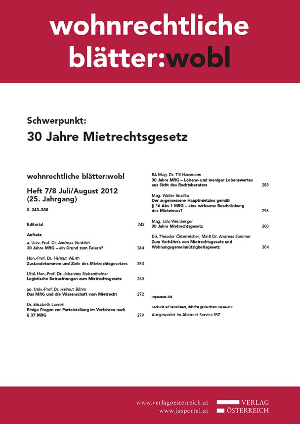 "wohnrechtliche blätter" Juli/August 2012, Verlag Österreich