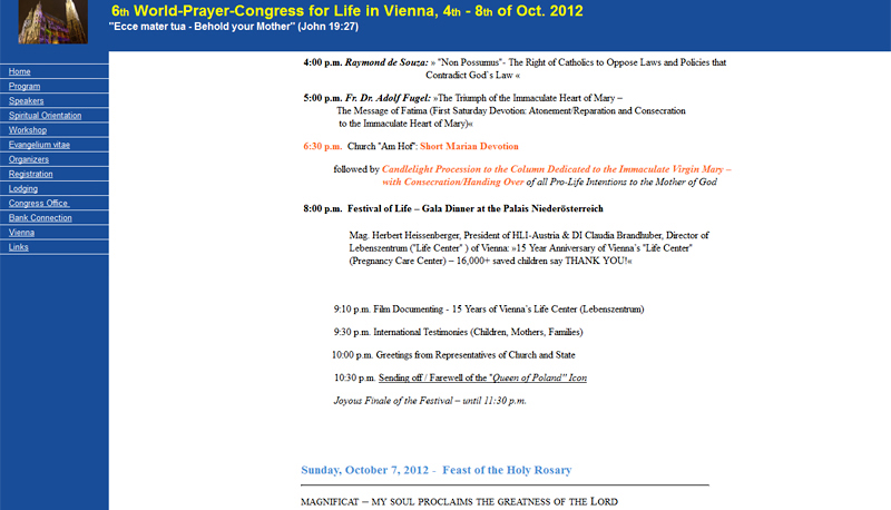 Gebetskongress-Programm von Human Life International am Donnerstag, 
6.9.2012 um 13.25 Uhr. Michael Spindelegger und Erwin Pröll werden nicht mehr 
angekündigt.